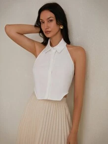 SHEIN Privé Women's Summer Sexy Solid Color Halter Neck Backless Top - White - View 2