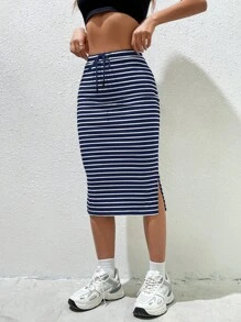 SHEIN EZwear 海軍藍條紋針織女裙 - 藏蓝色 - 查看 3