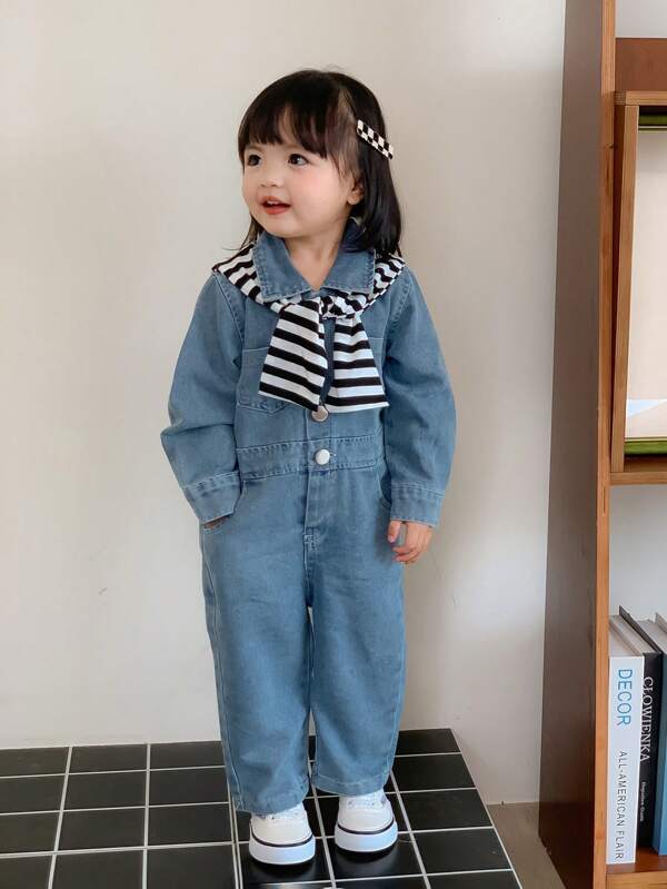 SHEIN Genkimix Kids 寶寶女孩2入組/套，嬰兒女孩春夏時尚休閒牛仔連身褲，配條紋披肩