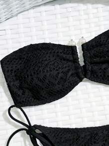 SHEIN Swim Conjunto de bikini bandeau de unicolor en forma de U con anillo conectado para mujer, conjunto de bikini sexy de dos piezas, hecho de tela especial para la playa de verano - Negro - Ver 5