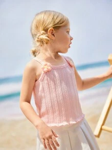 SHEIN 2pcs Young Girl Vacation Style Knit Jacquard Top With 3D Flower Decor Paired With White Woven Mini Skirt Set, Textured Fabric, Casual& - Pink - View 6