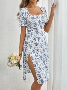 SHEIN Clasi 女士方領褶皺泡泡袖氣球裙擠腰高衩中長裙 - 藍色 - 查看 3