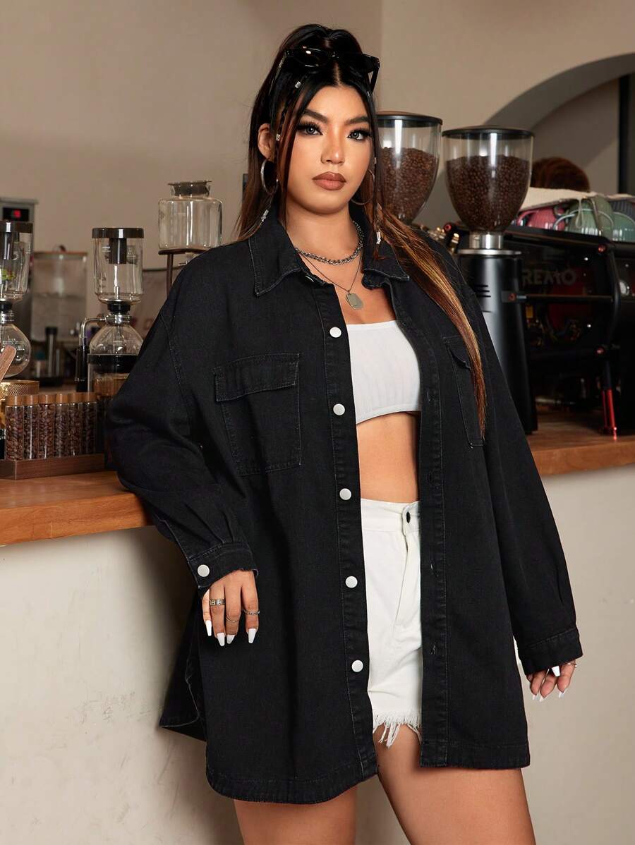 SHEIN ICON Plus Size Women's Solid Color Simple Casual Denim Jacket, Daily Wear - Black - View 1