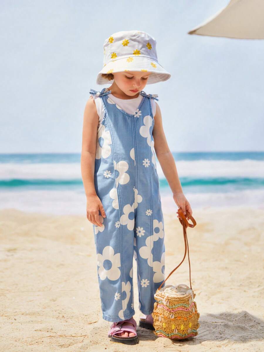 青少女假日休閒可愛花卉印花連身褲，配有蝴蝶結細節和寬腿牛仔褲 - 中等水洗藍 - 查看 1