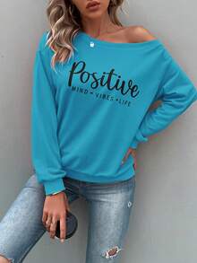 SHEIN LUNE Women's Simple Printed Daily Long Hoodie - Blue - View 3