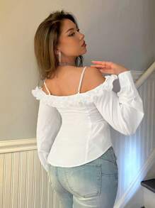 Firerie Elegantes weißes Langarmhemd mit dreidimensionalem Rüschendesign für Damen, schulterfrei, trägerlos. Blusen für Damen. Geeignet für die Schulanfangszeit, Konzertkleidung für Damen. Auch für den Herbst geeignet. - Weiss - Übersicht 4