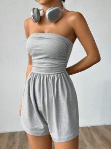 Flirla Women's Summer Solid Color Strapless Ruffle Trim Casual Romper - Grey - View 6