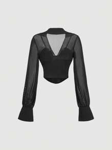 SHEIN MOD Black Waistband Stitching See-Through Mesh Party Date Top,Wedding Top,School Top,Workout Top,Teacher Top,Old Money Style