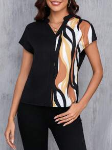 SHEIN Clasi Women's Color Block Notched Collar Short Sleeve Shirt,Short Sleeve Tops