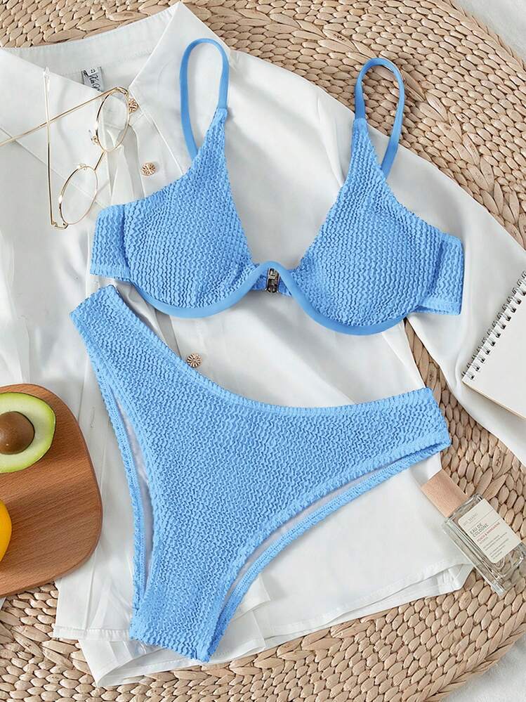 SHEIN Swim Ladies' Summer Beach Solid Color Textured Sexy Bikini Set With Underwire - Baby Blue - View 4