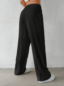SHEIN EZwear 黑色编织亚麻休闲宽松女裤 - 黑色 - 查看 3