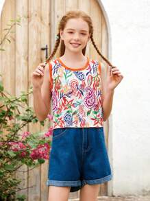 SHEIN Tween Girl Vacation Casual Colorblock Tank Top With Floral Print - Multicolor - View 6