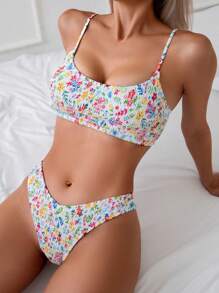 SHEIN Swim 女士夏季沙灘小花性感比基尼套裝，隨機印花 - 彩色 - 查看 1