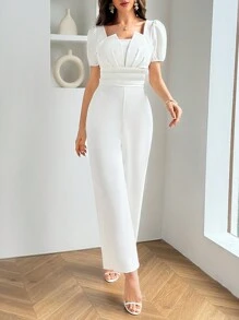 Firerie Women's Elegant White Solid Color Symmetrical Neckline Puff Sleeve Ruffle Waist Wide Leg Jumpsuit - White - View 1