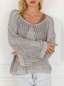 EMERY ROSE Plus Size Solid Color V-Neck Casual Pullover Long Sleeve Sweater, For Winter Knit Pullover Fall Autumn - Grey - View 6