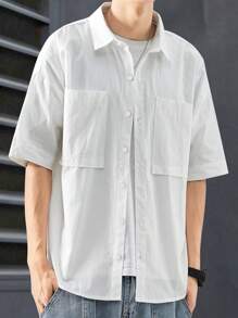 Manfinity Homme Men's Solid Color Short Sleeve Casual Shirt With Double Pocket, Summer - White - View 4