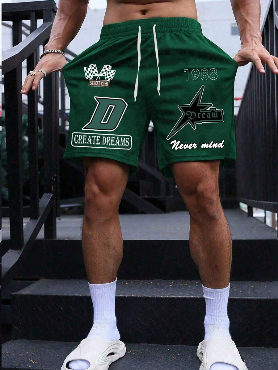 Manfinity Roghcode Men's Plus Size Letter Printed Drawstring Casual Sports Shorts - Dark Green - View 1