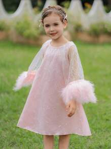 SHEIN Glamorique Kids 女孩閃爍水晶珠綴飾紗裙披肩，毛皮拼接和網狀裙裝，適合派對 - 粉色 - 查看 4