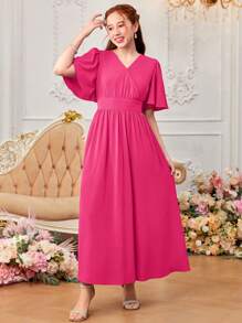 SHEIN Vestido cruzado en línea A para adolescente con cintura fruncida, cuello solapado, manga corta y dobladillo largo, perfecto para vacaciones / salidas informales - Rosa Fucsia - Ver 1