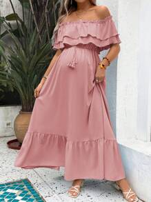 SHEIN 纯色荷叶边孕妇荷叶边节日连衣裙