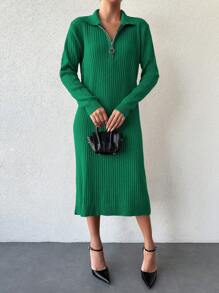 EURMUSE Collared Zipper Detail Knit Sweater Dress - Green - View 4