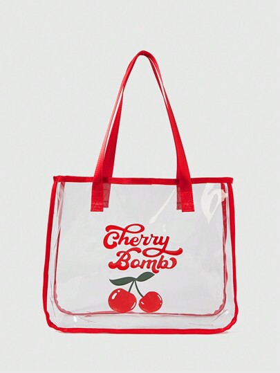 Kawaii Cherry Red Transparent Women's Tote Bag 390067, Beach Bag Valentines