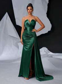 Glamrae Elegant And Gorgeous V-Neckline Dress With Pleats, Draping, High Slit And Fish Tail Train For Evening Party Prom Semi Formal Wedding Guest Dress, For Birthday, Graduation, Homecoming - Dark Green - View 4