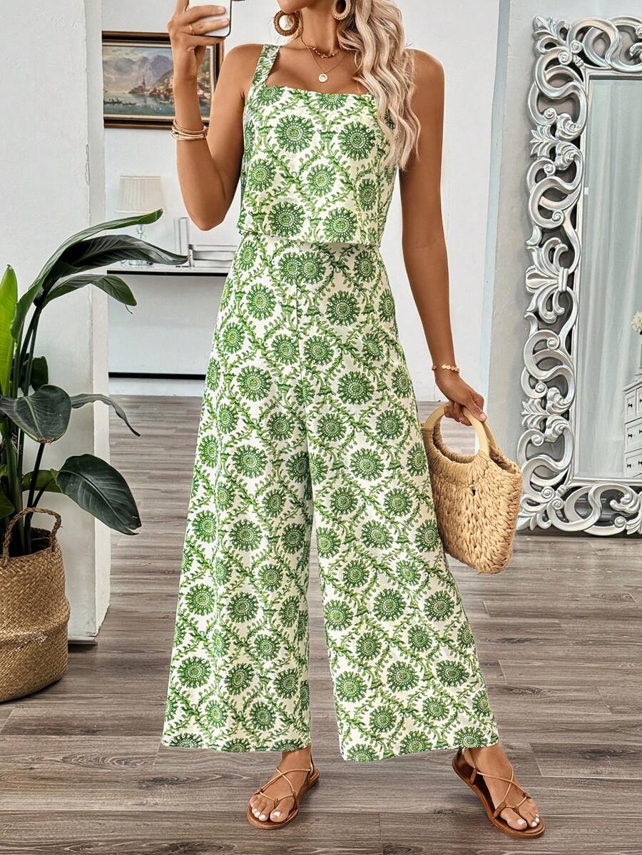 Chiquease Mameluco sin mangas estilo vacaciones hawaiano para mujer, pantalones largos. - Verde - Ver 1