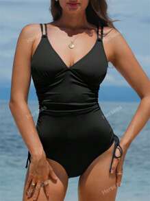 Women Ribbed Knit One Piece Swimsuit Adjustable Straps V Neck Bathing Suit Side Tie Cutout Back Swimwear Summer