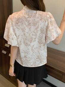 FRIFUL 女士休闲花卉印花系带短款泡泡袖衬衫，适合度假、返校服装 - 棕色 - 查看 4