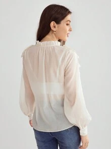 Enchnt Chemise à manches longues unie pour femmes à bordure en dentelle avec nœud à l'avant - Nude - Voir 2