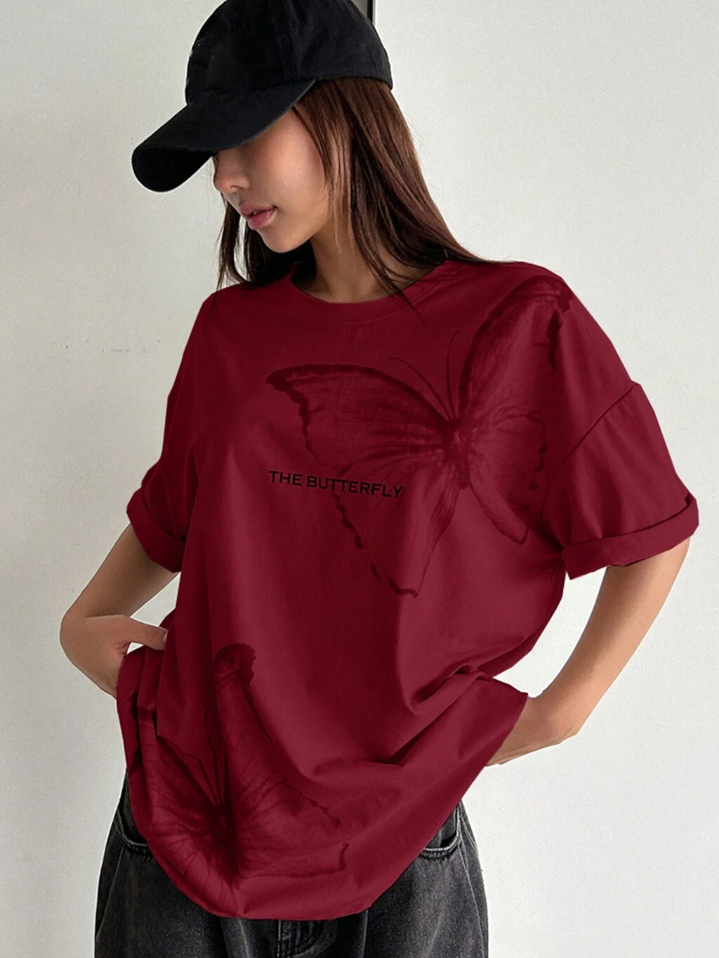 Women's Summer Loose-Fit Casual T-Shirt With Butterfly & Letter Print, Round Neckline And Drop Shoulder Sleeve