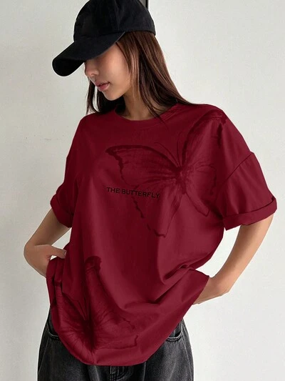 T-shirt décontracté d'été pour femmes avec imprimé papillon et lettre, col rond et manches à épaules tombantes, ajustement ample