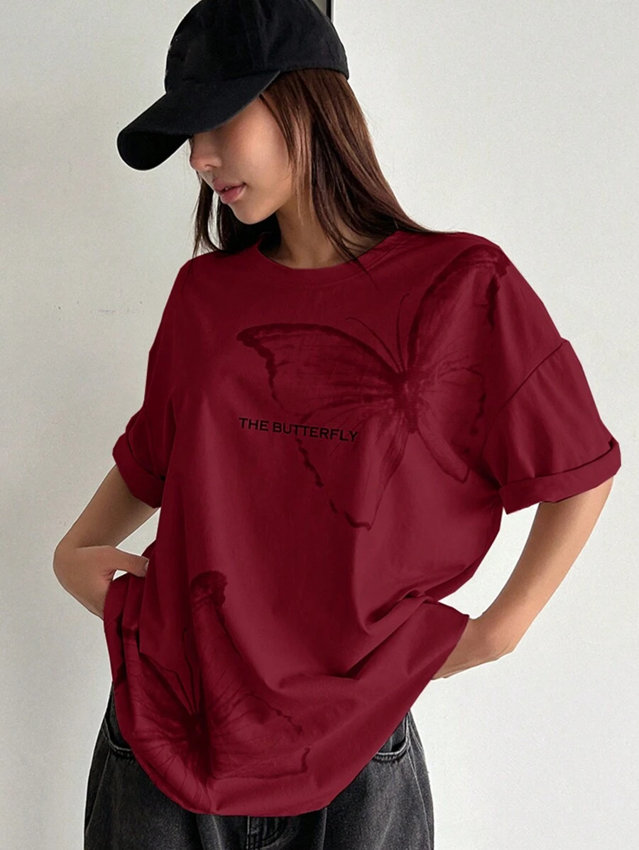 DAZY Women's Summer Loose-Fit Casual T-Shirt With Butterfly & Letter Print, Round Neckline And Drop Shoulder Sleeve - Burgundy - View 1