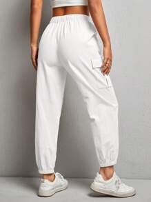 SHEIN PETITE Pantalones casuales para mujer de unicolor con cordón en la cintura y bolsillos - Blanco - Ver 2