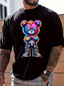 Camiseta casual de manga corta con cuello redondo y estampado de oso de dibujos animados para hombre de verano