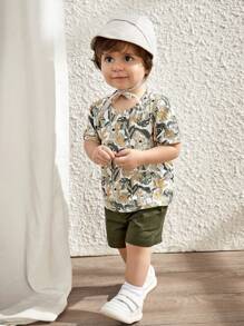 Cozy Pixies Baby Boy Knitted Soft Round Neck Short Sleeve Top With Plant & Flower Pattern, Solid Shorts 2pcs/Set - Army Green - View 5