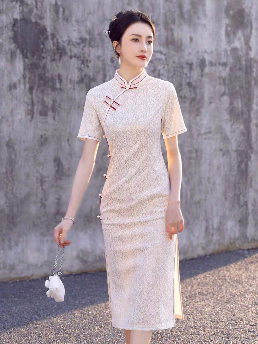 Women's Elegant & Simple Short Sleeve Qipao Chinese Dress For Daily Wear - Beige - View 1