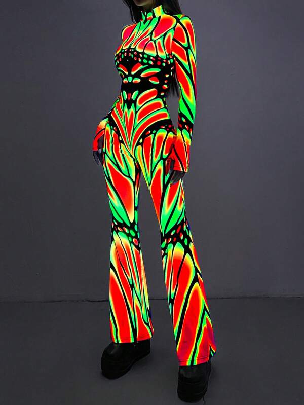 EgrlEra Farbenfroher lang ärmeliger Schlaghosen-Jumpsuit mit Kragen, der im Dunkeln leuchtet