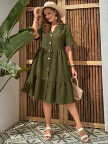 EMERY ROSE Plus Size Solid Color V-Neck Notch Ruffled Hemline Short Sleeve Summer Dress - Army Green - View 5