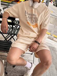 DAZY Men's Summer Slogan Printed Round Neck Short Sleeve Casual T-Shirt And Shorts Set Back To School - Beige - View 7