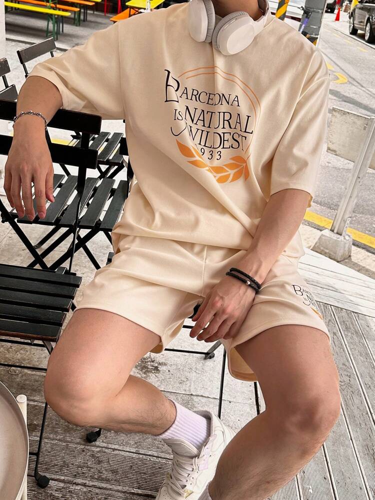 Men's Summer Slogan Printed Round Neck Short Sleeve Casual T-Shirt And Shorts Set Back To School