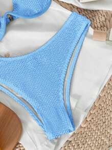 SHEIN Swim 女士夏季海灘純色紋理性感比基尼套裝，帶有鋼圈 - 淺藍色 - 查看 6