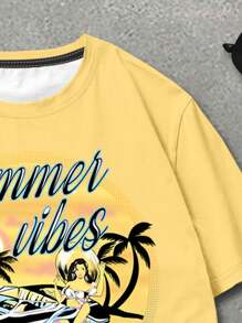 Manfinity Chillmode Nam Mùa Hè Chữ Cây Cọ In Hình Vòng Cổ Ngắn Tay Áo Thun Và Dây Rút Eo Quần Short Bộ - Màu vàng - Xem 4