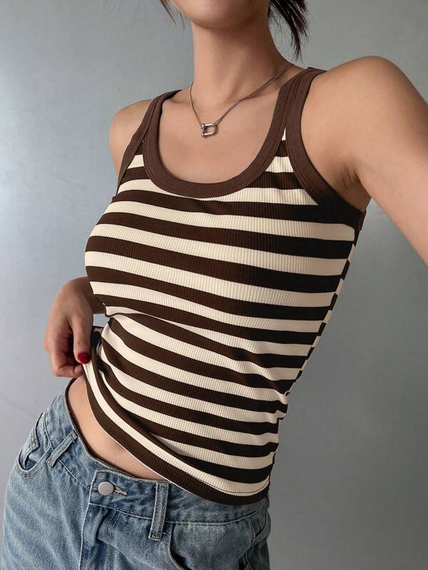 DAZY Round Neck Striped Print Casual Knit Tank Top For Summer
