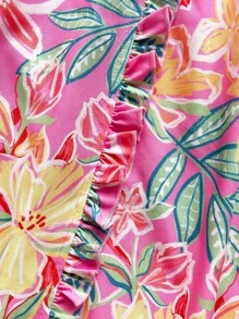 Soleia Vestido de verano suelto y casual en color rosa, con espalda ancha, decoración con volantes de madera y estampado floral tropical, adecuado para bodas, graduaciones y almuerzos