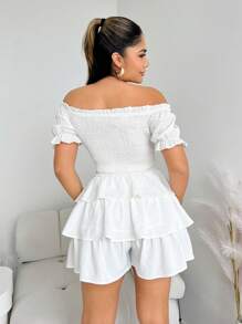 SHEIN SXY Shorts sueltos de imitación de lino blanco con capas de volantes para mujer