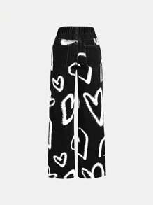 SHEIN Girlism Tween Girl Fashionable Heart Printed Denim Jeans - Black - View 2