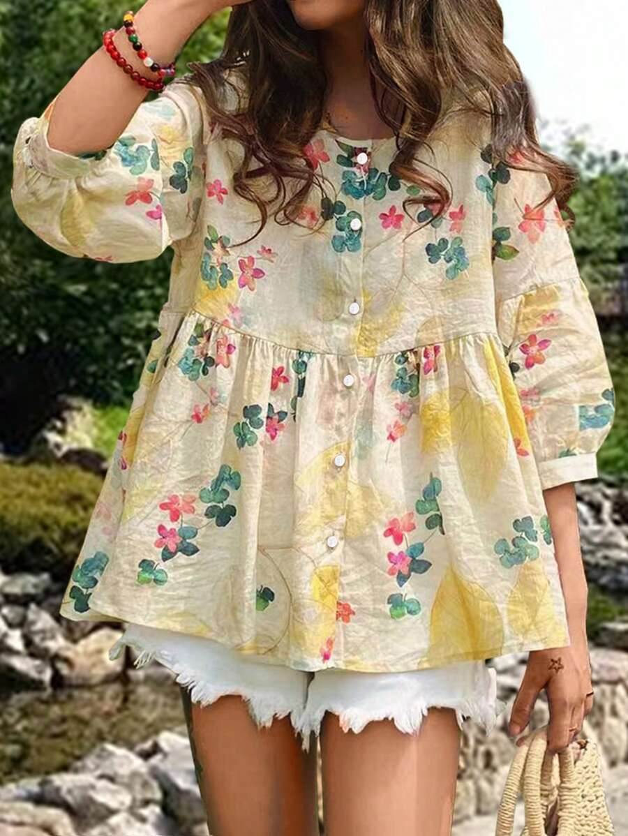 SHEIN LUNE Women's Floral Printed Shirt With Ruffle Hemmed Long Sleeve - Apricot - View 1