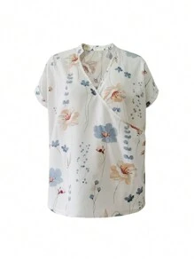 SHEIN LUNE Chemise d'été décontractée à encolure en V encoche imprimé floral - Blanc - Voir 3